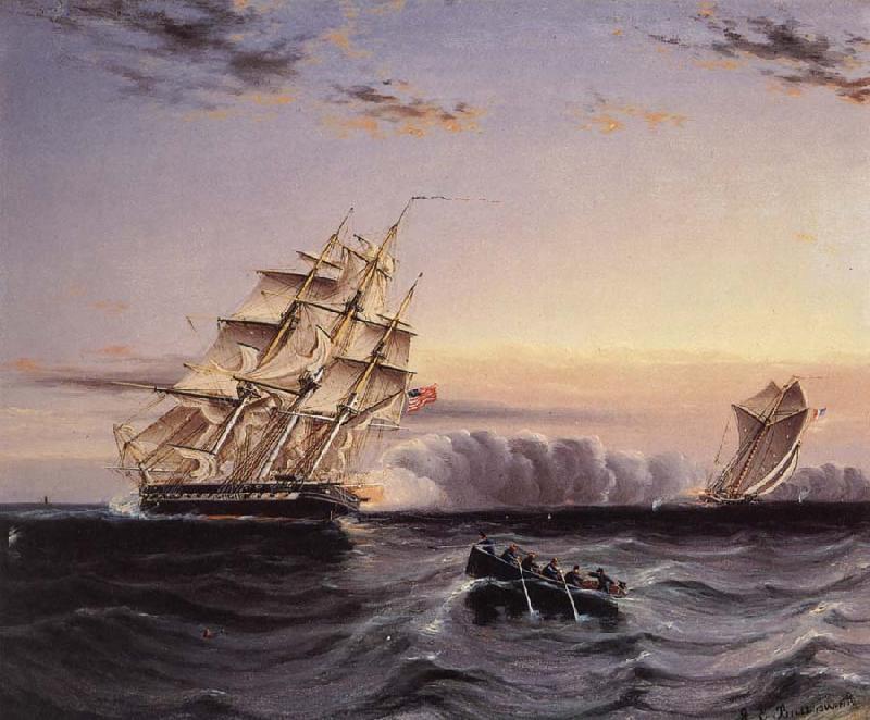 James Edward Buttersworth A U.S Frigate attacking a French Privateer France oil painting art